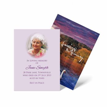 memorial cards with a photo of a woman and a swan