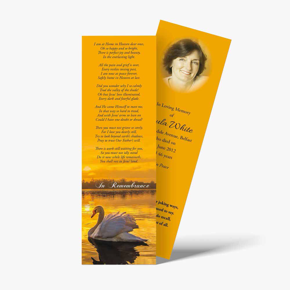 a bookmark with a picture of a swan and a poem