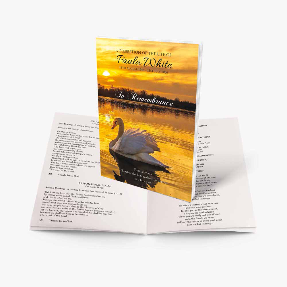 a swan at sunset memorial booklet