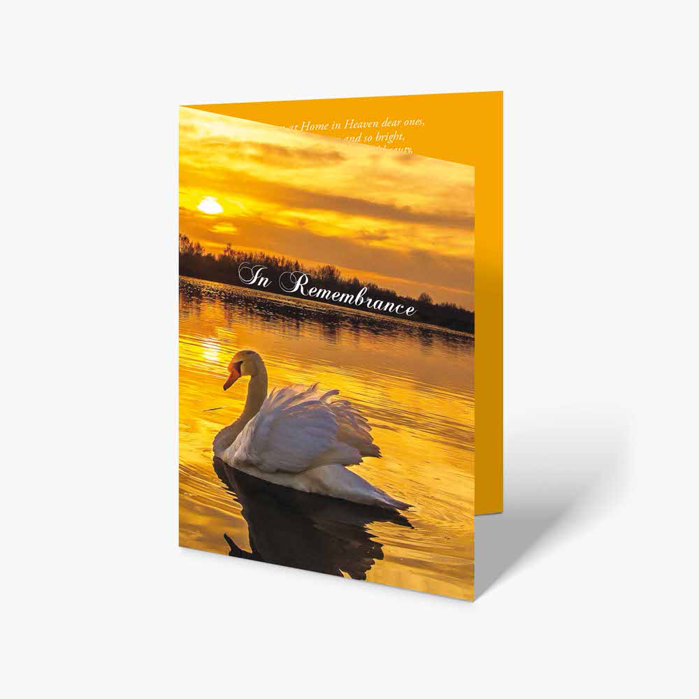 a card with a swan in the water at sunset