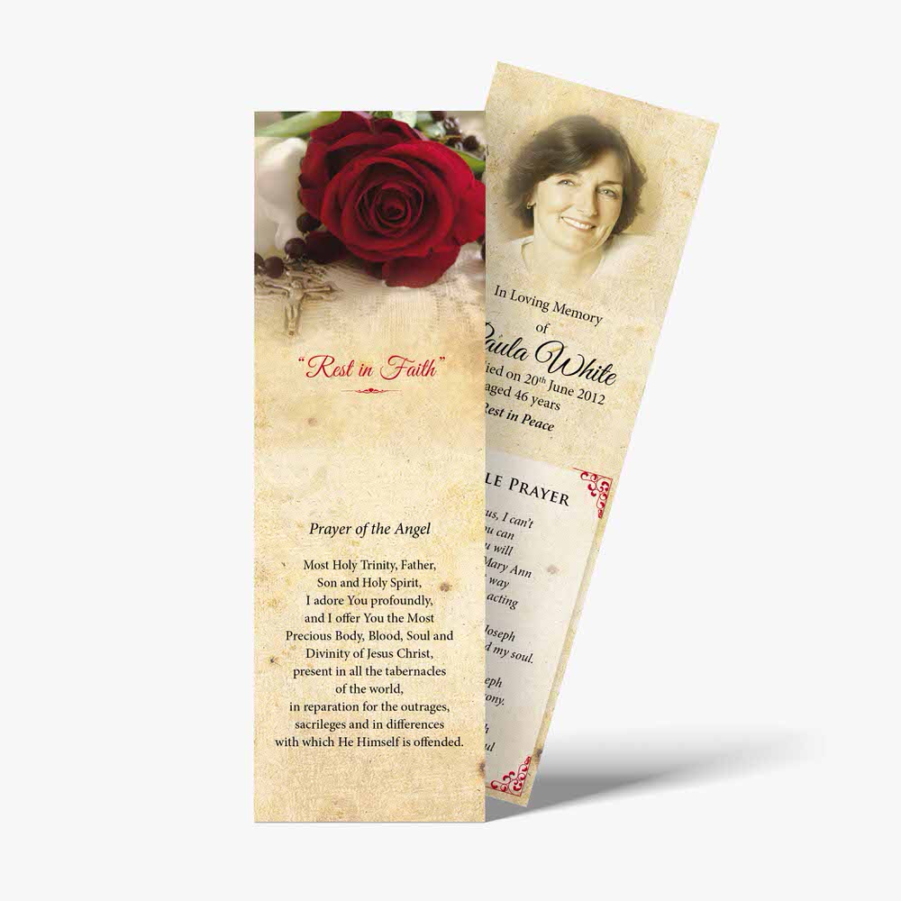 a funeral program with a red rose on it