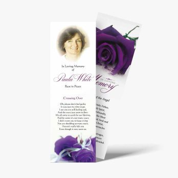 a funeral bookmark with a purple rose on it
