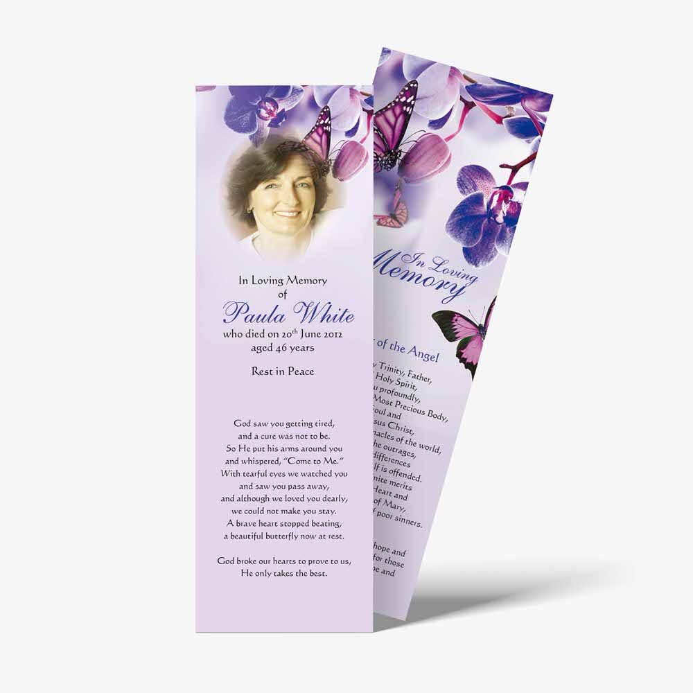 a funeral bookmark with a purple and white floral design