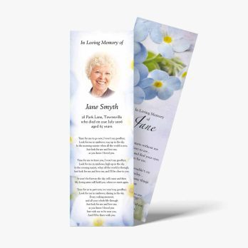 a funeral bookmark template with a photo of a woman and flowers