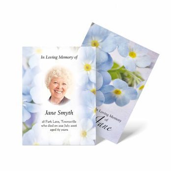 funeral card template with blue flowers