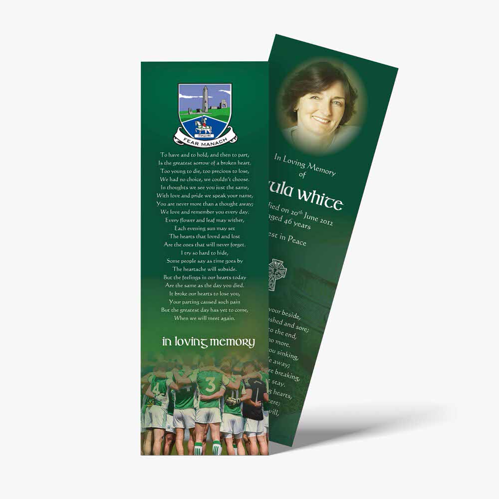 a green bookmark with a picture of a woman and a football team