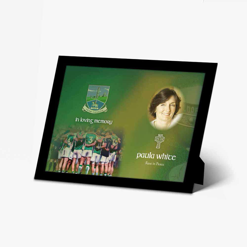 a photo frame with a picture of a woman and a soccer team
