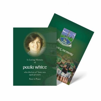 a green and white card with a photo of a girl